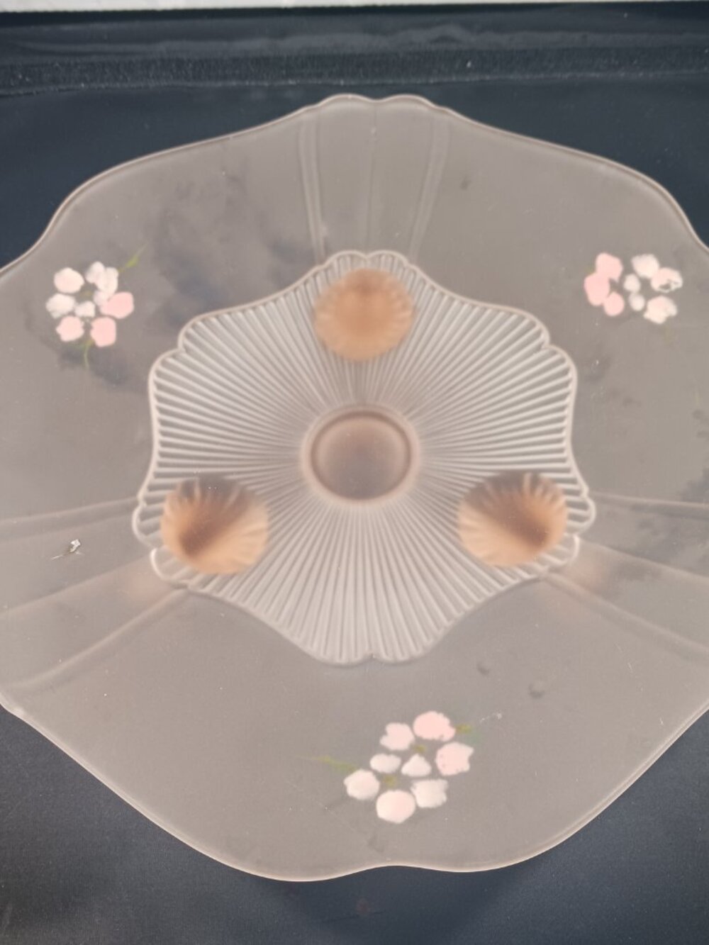 Vintage Pink Frosted Hand Painted Depression Glass Footed Pedestal Cake Stand